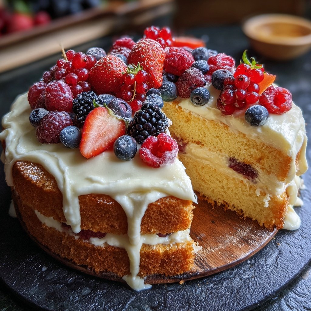 Blechkuchen mit Beeren und Creme